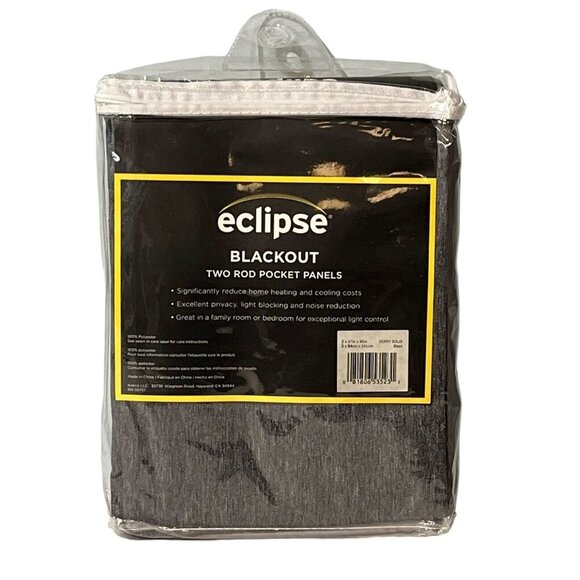 Eclipse Blackout‎ Two Rod Pocket Panels Kerry Solid Black  2- 37"x95" - Picture 1 of 5
